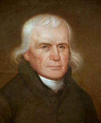 Oil on wood portrait of <i>Bishop Francis Asbury </i>, head and shoulders.