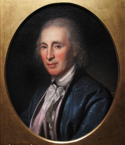 Oil on canvas, head and shoulders portrait of David Rittenhouse placed in an oval frame. 