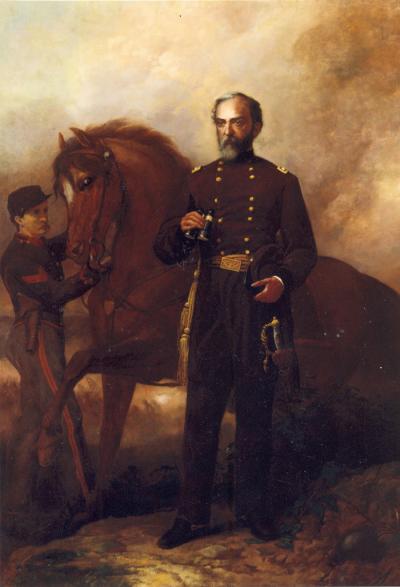 <i>Meade at Gettysburg</i>, by Daniel Ridgeway Knight. Oil on canvas portrait of George Meade in uniform, standing next to his horse. A soldier holds the reins of the General's horse.