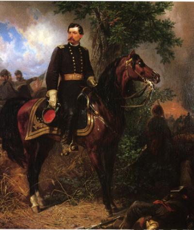 Oil on canvas painting of McClellan on horseback.