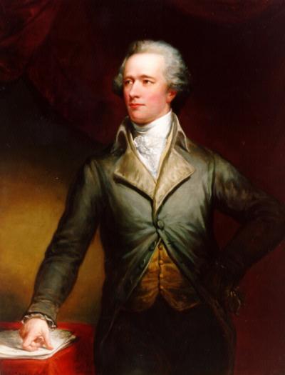 Oil on canvas portrait of Alexander Hamilton, standing with his hand resting on a table. He wears a green velvet suit, gold vest, and white, high neck, lace shirt.  