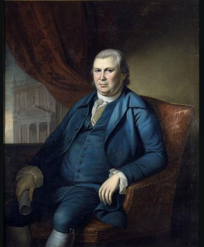 Oil on canvas of <i>Robert Morris,</i> by Charles Willson Peale, from life, c. 1782. Seated and wearing a blue suit.