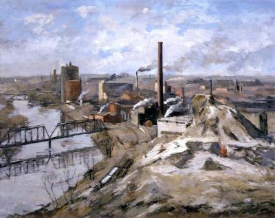 Depicts landscape entirely dominated by industry which includes barren trees, an excavated hillside in the foreground, mills, smoking chimneys, storage tanks, and the smokestacks.   