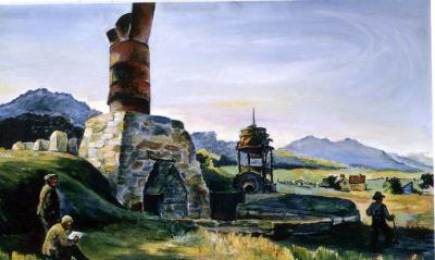 Oil painting of colorful brick blast furnace and several sightseers. One man appears to be drawing as he sits near the ground. Houses and other structures can be seen in the background. The skies colors swirl in purple, blue, pink, white, and yellow.