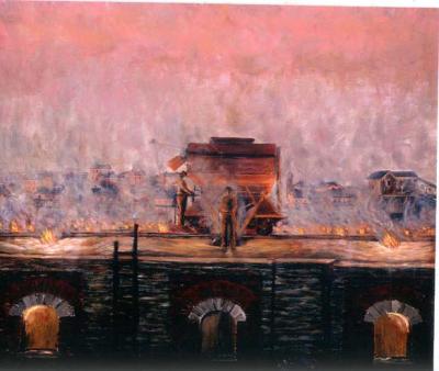  Oil on canvas depicting a vista, which appears to be a great inferno, with even the sky and tiny houses in the background illuminated by the pinkish-red flames of the coke oven.      