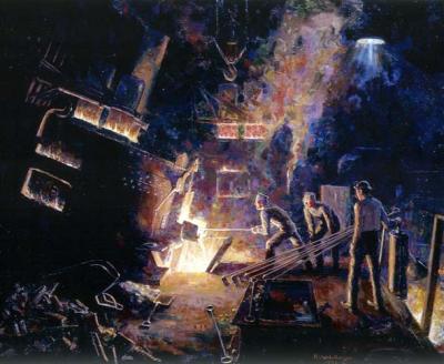 Three men at work in the interior of a fiery steel mill. One of the men reaches into the furnace with one of the long rods that are piled next to him, pulling out the melted metal into a mold.