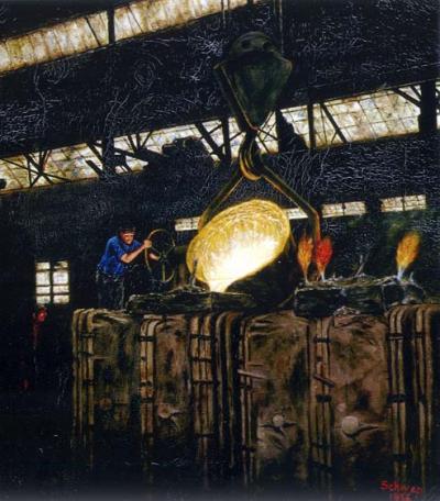 Dark oil on canvas depicting a steel worker and the interior of a foundry. 