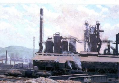 Painting of two steel workers in the foreground and the steel mill with smoke stacks in the background.