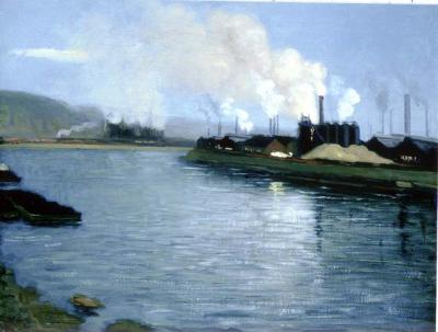 Oil on canvas of a Steel Plant along the River in Pittsburgh, Pa.