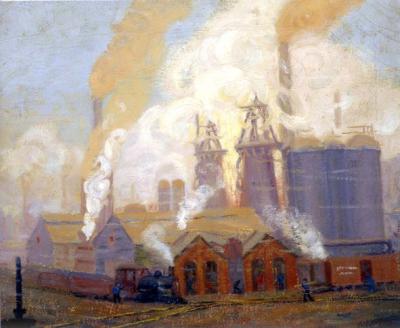 Dark oil on canvas of Lucy Furnace with billowing smoking from the stacks. An train engine pulling cars is the left foreground.   