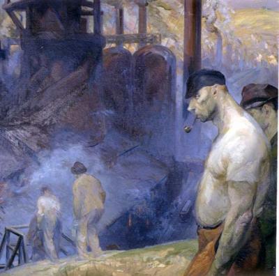 A dark oil on canvas of workers heading to work. A prominent shirtless worker smoking a pipe stands in the foreground as other workers headed to work fade into the background.  