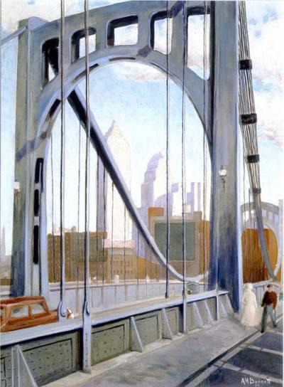 Captured in the bright light of mid-day, the great semi-circular archway of the suspension bridge serves as a frame for the skyscrapers of downtown Pittsburgh.    