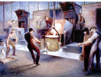 Made in Mr. Heppenstall's mill in Pittsburgh, the painting is of considerable historical interest in that it depicts the first electric induction furnaces used in this country for steel production. The scene shows various workers in a variety of poses, operating the latest innovation in the manufacturing of steel. 