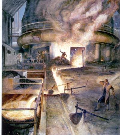 This oil on canvas depicts iron workers tapping the metal from a blast furnace.