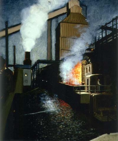 Dark image of an industrial plant displaying coal, fire, and smoke