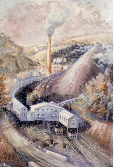 This oil on canvas depicts a mining operation. A sign on the entrance reads Clymer No. 1 Mine of the CBC Corporation, located in Indiana, Pennsylvania. 
