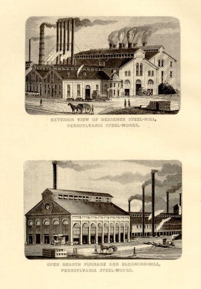 The top image is the exterior of Bessemer Steel-Mill, Pennsylvania Steel Works. The bottom image is Open Hearth Furnace and Blooming Mill, Pennsylvania Steel Works.