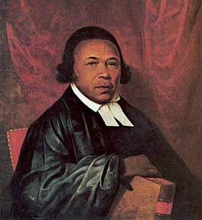  Oil on paper portrait of Absalom Jones wearing a black robe and a white collar.