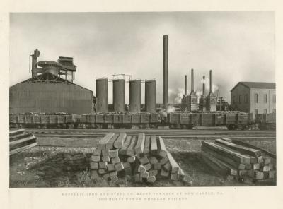 Image of Republic Iron and Steel Company Blast Furnace at New Castle, Pa. 2400 Horse Power Wheeler Boilers.