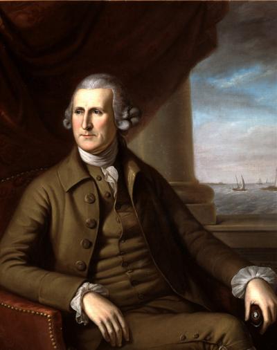 Oil on canvas painting of Thomas Willing, seated next to open window allowing a waterfront scene depicting sail boats.  Willing wears a powdered wig, a greenish- brown suit with white shirt bearing high collar and lace cuffs.