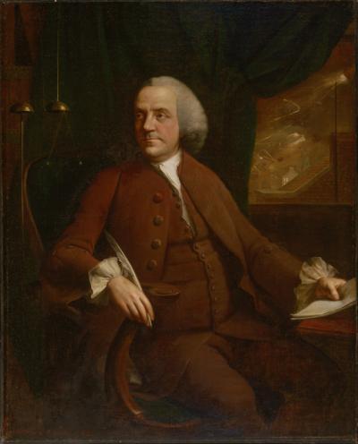 Oil on Canvas of Benjamin Franklin, sitting with pen in hand.