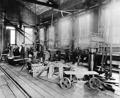Inside view of the Machine shop at Lukens Steel, c. 1890.