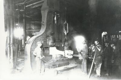 Interior of Hammer shop and workers.