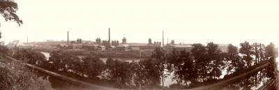  Panorama view of the Bethlehem Steel Plant from across the Lehigh River, in 1896, with the iron furnaces. Lehigh Canal is in the foreground. 