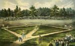 Color Currier and Ives 1866 of a baseball game in progress. Spectators stand along the playing field.