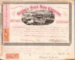 Brady's Bend Iron Work Company stock certificate, 1864 has the company title across the top of the certificate and an image of the works below the title. The certificate reads: this certifies that Edmund G. Jacobus is entitled to fifty shares at one hundred each in the Capitol Stock of the Brady's Bend Iron Company transferable in person or by attorney only in the books of the Company in the city of New York upon surrender of this certificate. 22 day of September 1864.