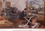 The Progress of the Century, lithograph, 1876, by Currier and Ives, depicting stages of progress. (Train, telegraph, printing press, steam boat, etc). 