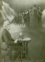 A man with a gray beard and hair, sits at a typewriter, while above are a long line of ladies that fade into the backgound.