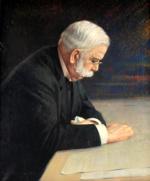 Oil on canvas profile portrait of gray haired George Westinghouse, sitting at his desk with plans in front of him. He is wearing a dark suit and a white shirt.