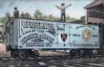 A man stands atop a refrigerator railroad car and one man sits at the edge of the back of the car near an attached ladder. The car bears the following written text: Refrigerator of the Bergner and Engel Brewing Company, Philadelphia, Pa., Grand Prize, Paris, April 1878.