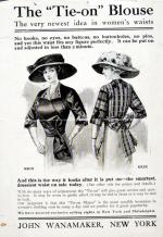 Advertisement for the Tie On Blouse depicts two ladies wearing this latest fashion, showing the back and front of the new blouse, and a text advertisement explaining the item.