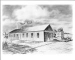 Black and white drawing of the exterior of the company. A wagon with horse and driver sits at the entrance.