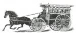 A black and white image of a four wheeled carriage with four window openings on each side, filled with passengers, totaling eight. The carriage is operated by a uniformed driver guiding a black, harnessed horse. A sign along the top of the carriage reads: Seats /Tickets 25¢, Northern and Southern Depots.