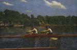 Oil on canvas painting depicting two boatmen, the Biglin brothers, racing their craft against another boat, along the bank of the Schuylkill River.   Only the edge of the competing boat is visible. The upper and distant half of the painting contains a four-man rowing crew, crowds on the shore, and spectators following in flagdecked steamboats.