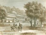 Pen and sepia ink on paper of the front exterior of the Hotel in the background of the image and two men on horse back in the foreground.