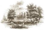 A black and white etching of Chadds Ford, a crossing point of the Brandywine Creek.