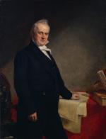 Oil on canvas depicting a formally dressed Buchanan standing next to a table, with his left hand resting on a map.