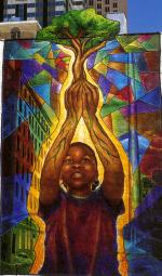 The mural features an African American girl reaching for the sky, a towering tree sprouting from her up-stretched hands. The girl has roots instead of veins running through her arms. In the bottom left corner looms a small collection of more ominous images, including an abandoned car and boarded-up buildings. Symbolically the painting is a testament to the value of human aspiration, a visual homage to the notion of dreaming it and achieving it.