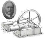 An inset portrait of Joseph Reid and a larger etching of his single piston engine.