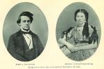 One  black and white image of two separate oval head and shoulders shots of a man and a woman. 