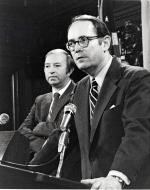 Photograph of Harold Denton with Governor Richard Thornburgh responding to questions concerning, the nation's worst commercial nuclear accident at Three Mile Island, March 29, 1979.