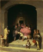 Oil on canvas of a large stone Post Office building, with a large arched entrance, depicts a crowded general delivery window as its central focus/ A lady in a pink hoop dress in the central figure as other patrons crowd the window.