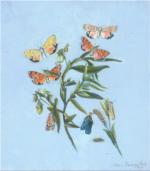 Beautiful watercolor on paper of butterflies and flowers, against a blue background.