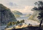 A landscape scene of rivers meeting with hills on both sides, one river being further away in the distance. Clouds sit in the blue sky. Long, rectangular buildings (one of which is the arsenal) sit below the hills and in front of the river, and houses are visible to the left. A ferry boat is sailing in the middle of the river to the left, and another ferry boat sails below the rectangular buildings from the right. Each carries human and animal figures. Other human figures are on both sides of the river banks. Smaller boats appear in the painting in the background. There are also two cannons present in front of the arsenal building.