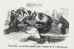 In this editorial cartoon from the 1856 presidential election, James Buchanan–in the light suit - and US Senator Lewis Cass help hold down the head of a "Free Soiler" while Illinois Senator Stephen A. Douglas and President Franklin Pierce shove an African-American slave down his throat. 