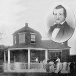 A brick building with a picket fence and several people standing in front. Inset is a head and shoulders etching of William Searight.